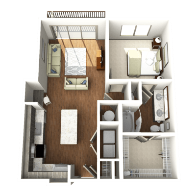 a 3d floor plan of a room with a bedroom and a bathroom